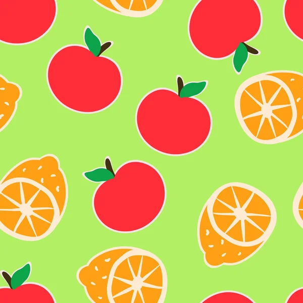 Fondo verde sin costuras con un patrón de dibujos animados divertido manzana roja y naranjas naranjas — Archivo Imágenes Vectoriales