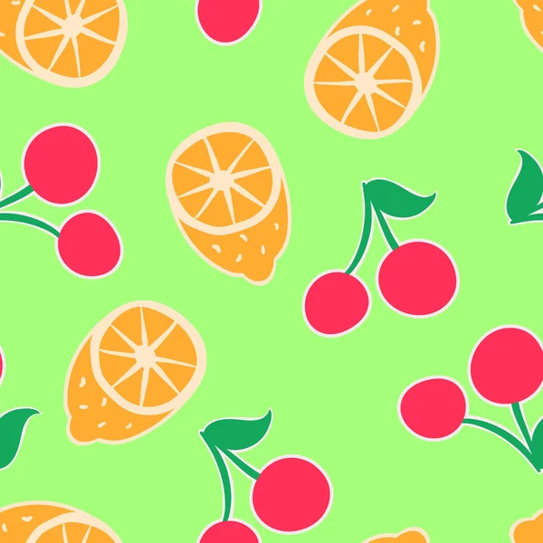 Fondo verde sin costuras con un patrón de divertida caricatura rojo cereza, manzana, naranja — Archivo Imágenes Vectoriales