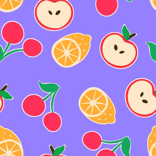 Fondo púrpura sin costuras con un patrón de divertida caricatura rojo cereza, manzana, naranja — Vector de stock