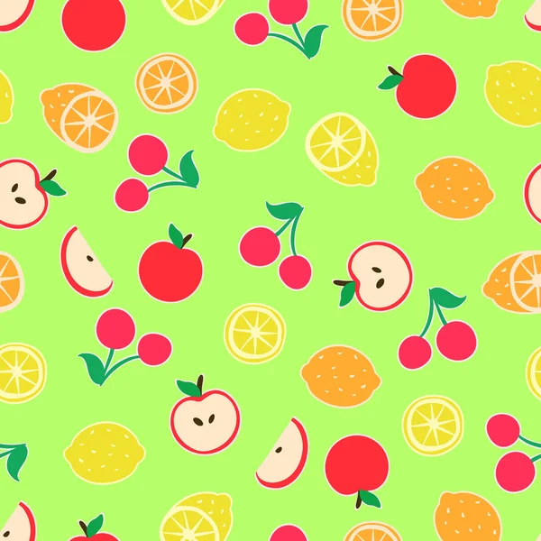 Fondo verde sin costuras con un patrón con divertidas frutas de dibujos animados y bayas. Naranja, limón, cereza, manzana — Vector de stock