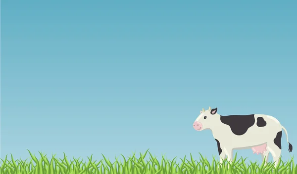 Frisse groene gras met madeliefjes en witte koe op blauwe hemelachtergrond — Stockvector