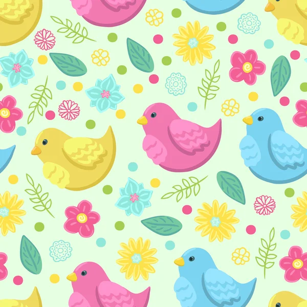 Naadloze achtergrond met een patroon van grappige getekende roze, blauwe en gele bloemen, groene bladeren, cartoon vogels en gekleurde stippen — Stockvector