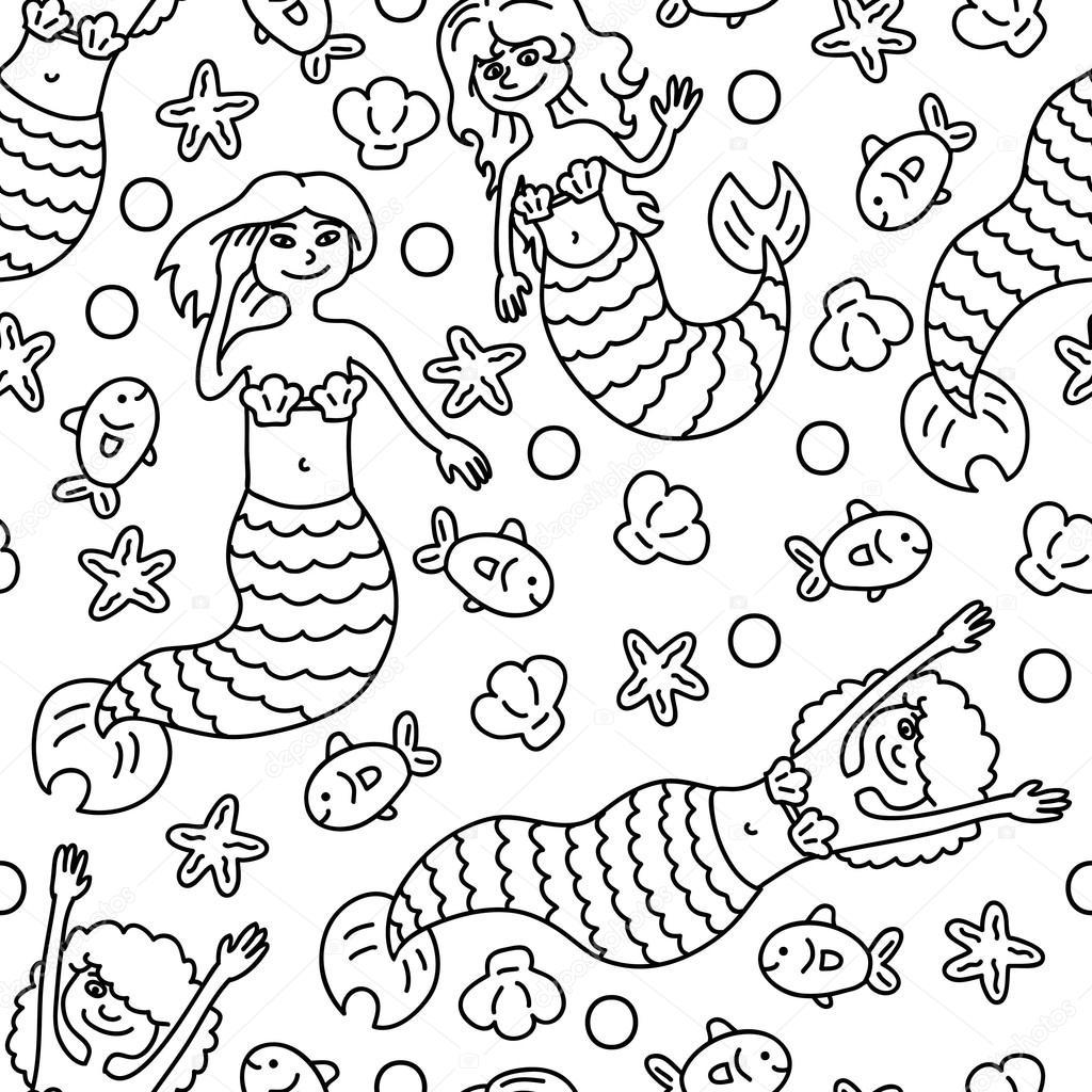 Seamless background with cute cartoon mermaids, fishes and shells