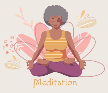 Siyahi Afrikalı yaşlı kadın lotus pozisyonunda yoga meditasyonu yapıyor ve gülümsüyor. Sağlık hizmetleri. İyi alışkanlık. Özgeçmişinde soyut çiçekler var. İzole çizgi film çizimi