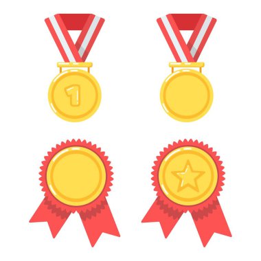 Bir yıldızla yapılan spor müsabakasında birinci olmak için altın madalyalar. - Zafer. Kırmızı kurdele. Düz minimalist tasarım. Simgeler. Beyaz arkaplanda izole edilmiş bir klipsiyon ayarlandı.