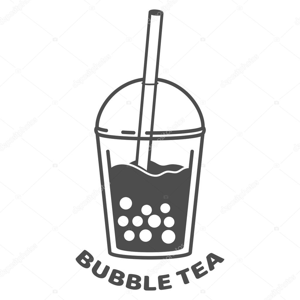 Bubble milk tea. A sweet cold drink with tapioca pearl balls. Asian street food from Taiwan. Black and white minimalistic flat design. Isolated cartoon illustration