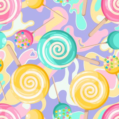 Parlak renkli lolipop. Çocuklar için tatlı. Çubukta şeker. Pembe, mavi, sarı spiral top. Desenli pürüzsüz arkaplan.