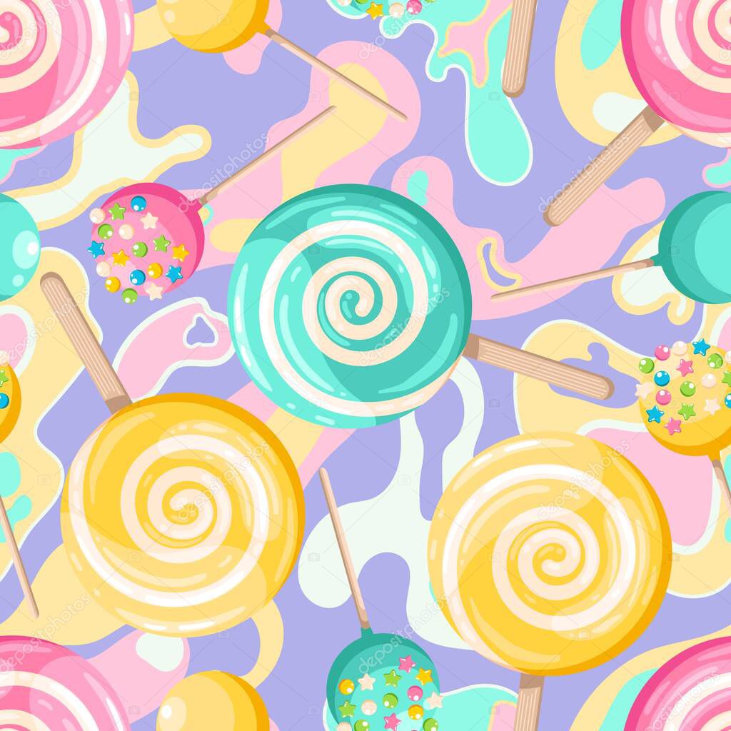 Bright colored lollipop. Sweet dessert for kids. Candy on a stick. Pink, blue, yellow spiral ball. Seamless background with pattern.