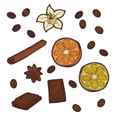 Kahve için katkı maddeleri. Baharatlar ve baharatlar. Vanilya çiçeği, çikolata parçaları, kahve çekirdekleri, tarçın çubuğu dilimlenmiş limon, yıldız anason. El çizimi izole illüstrasyon