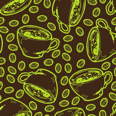 Kusursuz bir arka plan, sert bir kahve fincanı ve kahve çekirdekleri çizilmiş.