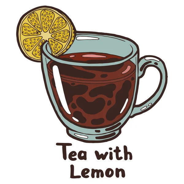 Гарячий Чорний Чай Шматочком Лимона Прозорій Чашці Рука Намальована Ізольована — стоковий вектор