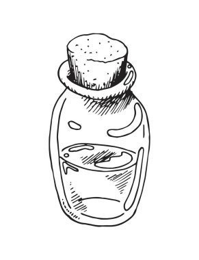 Mantarlı küçük cam aroma yağı şişesi. Beyaz arka planda izole edilmiş. Elle çizilmiş mürekkep çizimi..