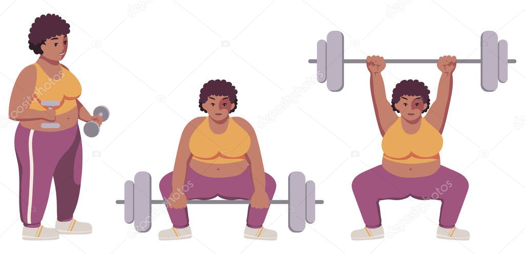 Fat strong black plus size woman with natural hair in cute sportswear trains with dumbbells, raises barbell. Workout. Exercises. Smiles, concentrated. Bicep curls. Deadlift sumo style. Weightlifting.