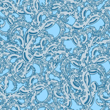 Kusursuz bir arka plan ve su altı canavarı ahtapotunun enayilerle el çizimi dokunaçları.