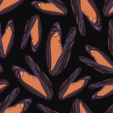 Kusursuz bir arkaplan, elle çizilmiş bir desen, etle birlikte açık midye kabuğu.