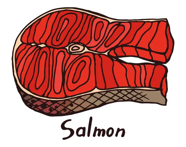 Salmon Fillet Dengan Tulang Dan Sisik Tangan Digambar Ilustrasi Terisolasi - Stok Vektor