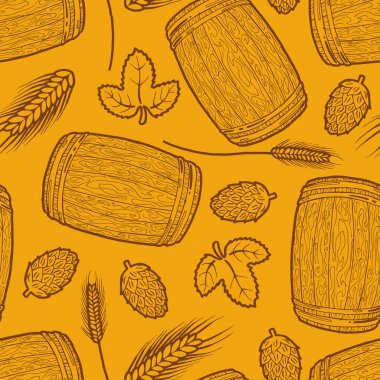 Kusursuz bir arka plan, bira için eski ahşap fıçı, hop yaprakları ve kozalaklar, arpa kulakları.