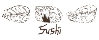 Geleneksel lezzetli suşi nigirzushi ile somon, füme yılan balığı, pembe karides kuyruğu. Beyaz arkaplanda yazılı siyah beyaz çizimler