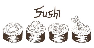 Geleneksel lezzetli suşi makizushi, salatalık, avokado, tobiko havyar, somon balığı filetosu, karides kuyruğu. Beyaz arkaplanda yazılı siyah beyaz çizimler