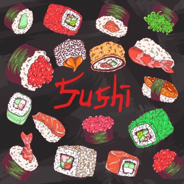 Makizushi, nigirzushi, gunkan, rulo Philadelphia, California, Alaska, somon, salatalık, avokado, ton balığı, tobiko ve somonlu sıcak fırında suşi.