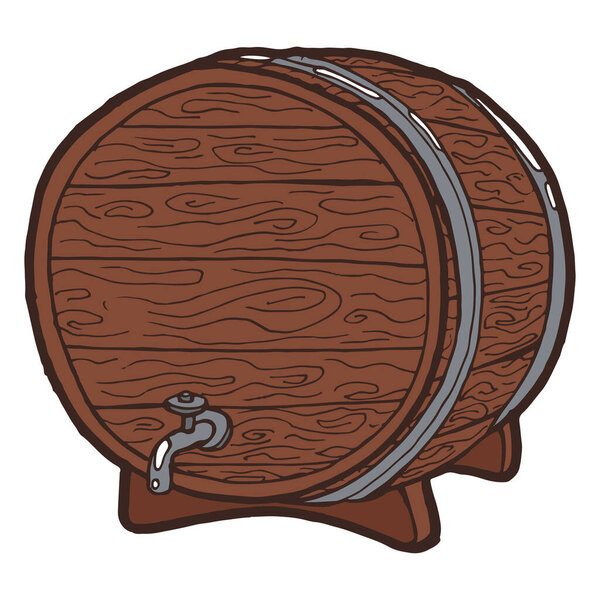 Старая деревянная бочка для пива с краном. Иллюстрация от руки с надписью на белом фоне