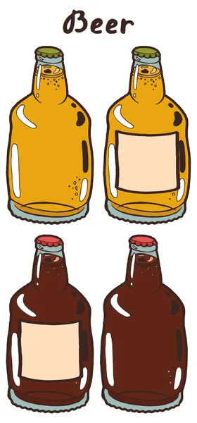 泡と泡がキャップで閉じ冷たい新鮮なビールの透明な広いボトル 白地に銘文のある独立した挿絵を手描き — ストックベクタ