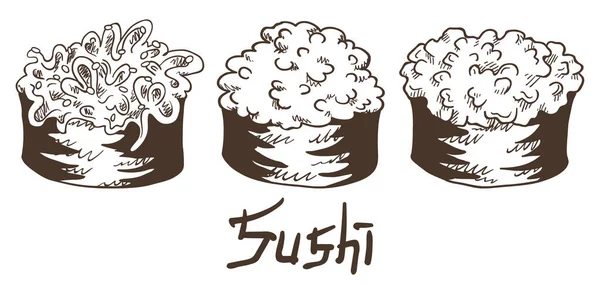 Traditionell Frisches Köstliches Sushi Nigrizushi Gunkan Mit Chuka Algen Und — Stockvektor