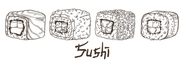 Rolos Sushi Deliciosos Frescos Filadélfia Califórnia Alasca Enrolado Pepino Ilustração — Vetor de Stock