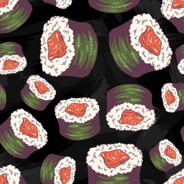 无缝隙背景 手绘传统新鲜美味寿司乳木石 鱼片为红鲑鱼片 — 图库矢量图片