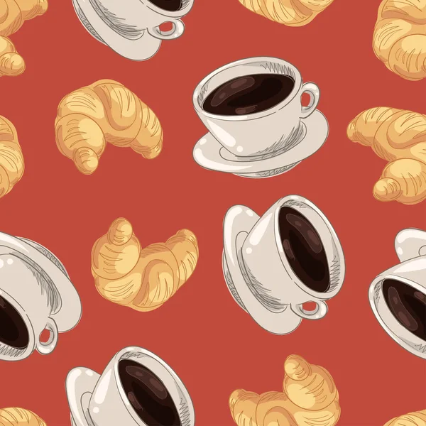 无缝隙的背景和一杯热的黑咖啡和美味的新鲜羊角面包 — 图库矢量图片
