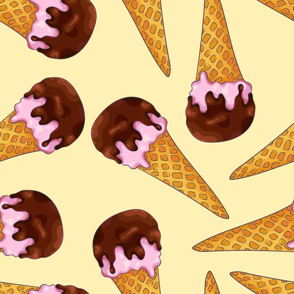 无缝隙的背景 有草莓冰淇淋的图案 并配以巧克力糖浆和华夫饼筒 — 图库矢量图片
