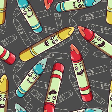 Okula dönelim. Komik gülümseyen renkli karakterler. Sanat malzemeleri. Renkli kalemler: kırmızı, sarı, mavi. Bir ilkokul öğrencisi için bir kırtasiye seti. Desenli pürüzsüz arkaplan.