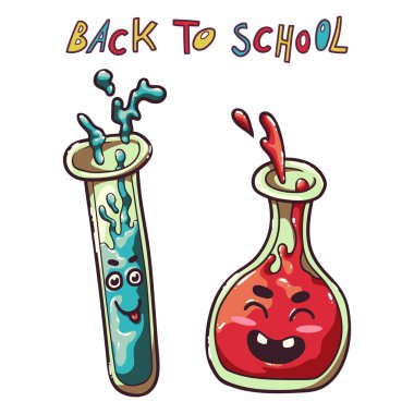 Okula dönelim. Kimyasal deneyler ve test tüpleri için matara. Komik gülümseyen renkli karakterler. Bir ilkokul öğrencisi için kırtasiye seti.