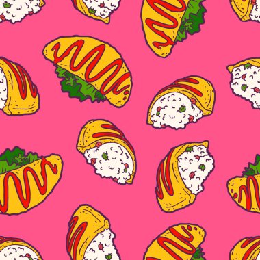 Ketçaplı Omurice. Çırpılmış yumurta ve pilav. Japon omleti. Geleneksel Asya Japon bento yemeği. Eski usul. Desenli pürüzsüz arkaplan.