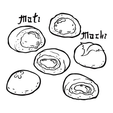 Mochi. Moti. Tatlı tatlı. Fasulye ezmesiyle doldurulmuş pirinç unu. Geleneksel Asya Japon bento yemeği. Eski usul. İzole Clipart seti.