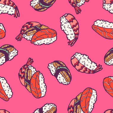 Suşi nigiri. Geleneksel Asya Japon bento yemeği. İzole Clipart seti. Eski usul. İzole Clipart seti. Taze çiğ somon, kuyruklu karides, Nori 'li yılan balığı filetosu. Kusursuz arkaplan