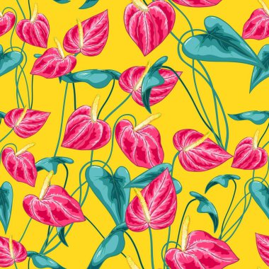 Anthurium. Kızıl tropikal egzotik orman çiçeği. Desenli pürüzsüz arkaplan.