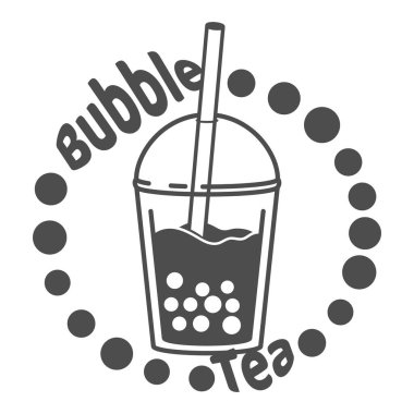 Sütlü çay. Tapyoka inci topları ile tatlı soğuk bir içecek. Tayvan 'dan Asya sokak yemekleri. Siyah ve beyaz minimalist düz tasarım. İzole çizgi film çizimi