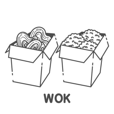 And rice. Traditional asian food. Chinese, Japanese cuisine. Fast food takeout in a box. Minimalistic flat design. Isolated clipart set on white background. vector