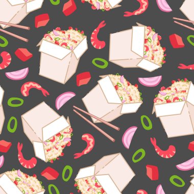 Karides ve pirinçli waok. Geleneksel Asya yemekleri. Çin, Japon mutfağı. Fast food bir kutuda. Minimalist düz tasarım.