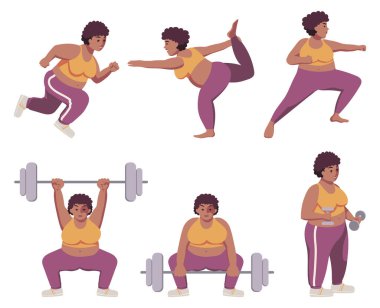 Şişman, güçlü, iri yarı, spor kıyafetleri içinde doğal saçlı bir kadın. Antrenman yapıyorum. Egzersizler. Fitness. Yoga. İzole edilmiş düz, basit, basit çizgi film çizimi