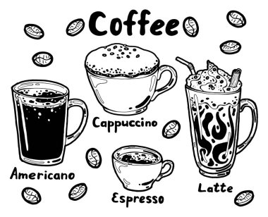 Bardakta sıcak kahve var. Americano, espresso, cappuccino, köpüklü latte ve tarçın çubuğu. Beyaz arkaplanda yazı olan el çizimi izole resimleme seti