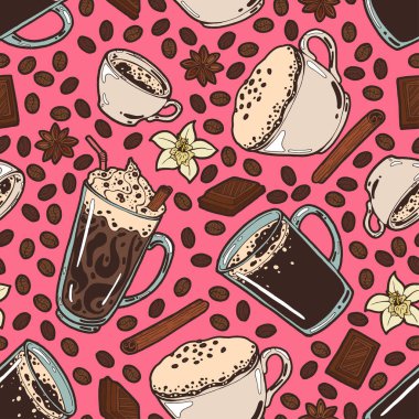 Kusursuz bir arka plan ve el yapımı sıcak kahve fincanı. Americano, espresso, cappuccino, köpüklü latte ve tarçın çubuğu.