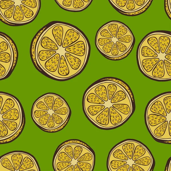 手描きのレモンのスライス片のパターンとシームレスな背景 — ストックベクタ