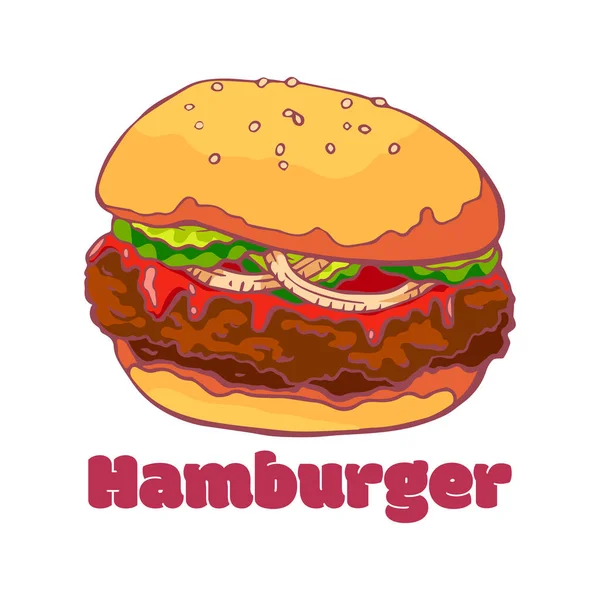 Ízletes Zsíros Hamburger Amerikai Konyha Burger Marhahússal Ketchuppal Uborkával Hagymával — Stock Vector