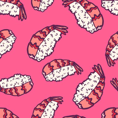 Suşi nigiri. Kuyruklu taze karides. Deniz ürünleri ve pilav. Geleneksel Asya Japon bento yemeği. Eski usul. Desenli pürüzsüz arkaplan.