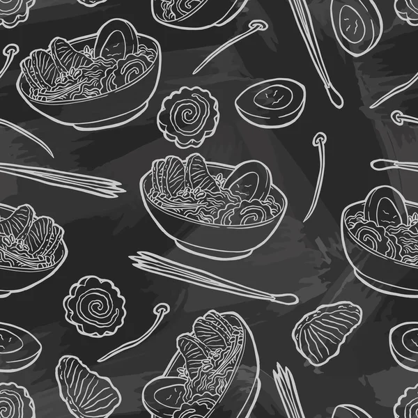 拉面汤配面 猪肉肉 煮熟的鸡蛋和锅中的土豆蔻 传统的日本 韩国和中国快餐 复古风格 无缝隙背景 — 图库矢量图片