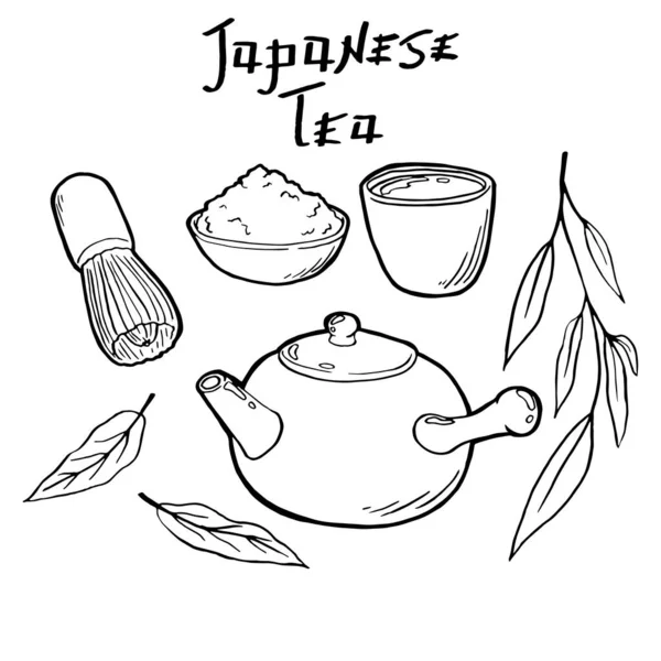 Set Für Traditionelle Japanische Teezeremonie Teekanne Grüne Teeblätter Matcha Pulver — Stockvektor