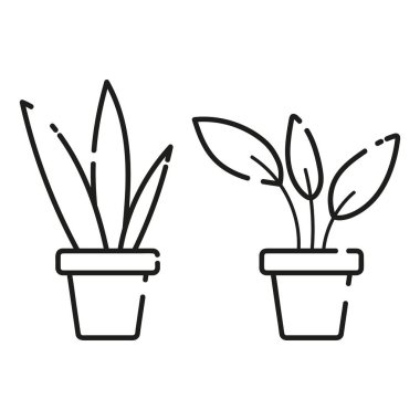 Saksıda ev bitkileri. Web, uygulamalar ve tasarım için ince çizgi simgeleri. Minimalist düz biçim.