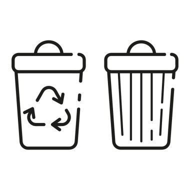 Düzenli çöp kutusu ve geri dönüşümlü atık için bir kap. Web, uygulamalar ve tasarım için ince çizgi simgeleri. Minimalist düz biçim.